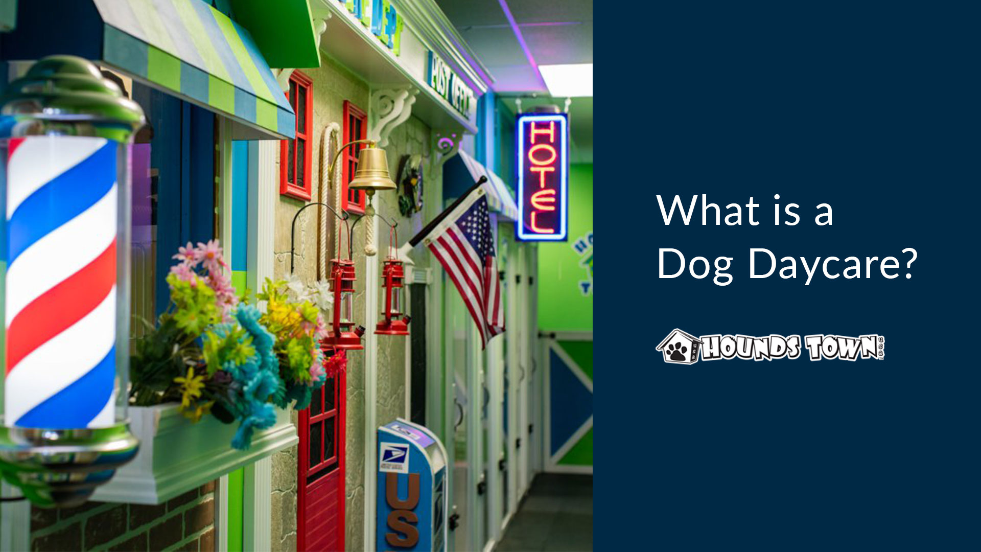 what is dog daycare on blue background with lit up hotel sign and hallway on right